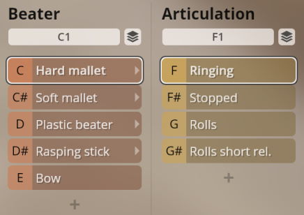 Vienna Symphonic Library Synchron Percussion III software interface showing selected beater types like Hard mallet and articulation options like Ringing for virtual instruments.