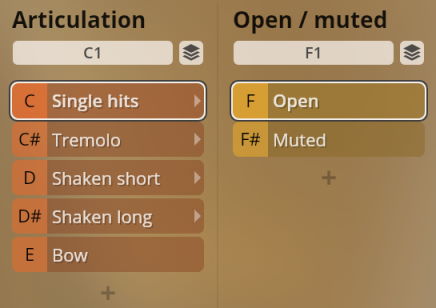 Vienna Symphonic Library Synchron Percussion III software interface showing articulation and open/muted selections for instrument sounds, including single hits, tremolo, shaken short and long, bow, open, and muted options.