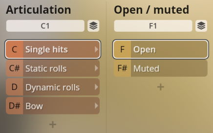 Vienna Synchron Instruments software interface showing articulation settings with single hits, static/dynamic rolls, and bow options, alongside open/muted sound choices for percussion.