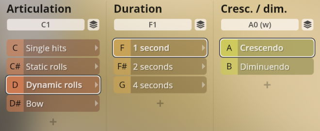 Vienna Symphonic Library Synchron Instruments interface showing articulation, duration, and crescendo/diminuendo controls for percussion.