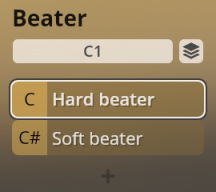Digital interface showing Beater selection options, including Hard beater and Soft beater for Synchron Percussion virtual instruments.