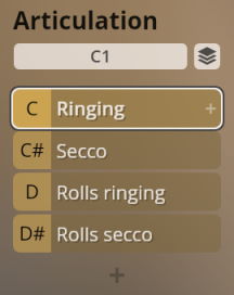 Vienna Synchron Percussion III software interface showing articulation options: C1, Ringing, Secco, Rolls ringing, and Rolls secco.