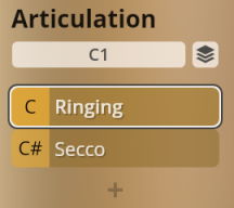 User interface showing Articulation menu with C1 selected, active C Ringing option, and C# Secco listed, likely within Synchron Percussion III software.