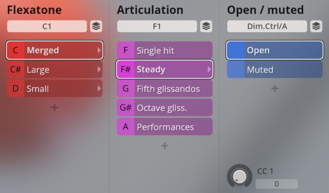 User interface showing Flexatone, Articulation, and Open/Muted settings for Vienna Symphonic Library Synchron Instruments percussion, with Merged, Steady, and Open selected.