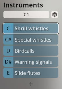 Synchron Instruments interface showing percussion options including shrill whistles, special whistles, birdcalls, warning signals, and slide flutes.