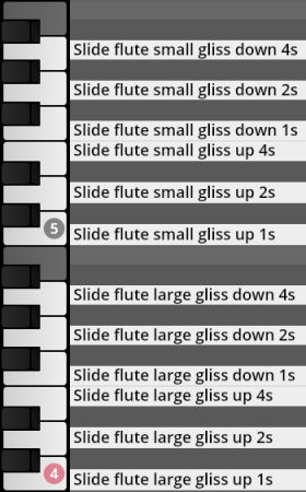 Virtual keyboard interface displaying various slide flute glissando articulations and durations for Vienna Symphonic Library Synchron Instruments.