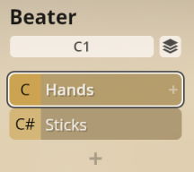 User interface showing beater options for virtual percussion instruments, including C1 for Hands and C# for Sticks, relevant to Synchron Percussion III.