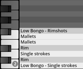 A digital piano key interface displaying percussion articulations like Low Bongo Rimshots, Mallets, Rim, and Single strokes, relevant to Synchron Percussion III virtual instruments from Vienna Symphonic Library.