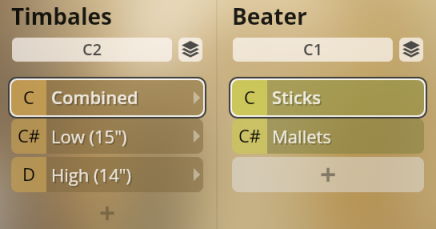 Synchron Percussion III virtual instrument interface showing Timbales and Beater controls with options for combined, low 15 inch, high 14 inch timbales and sticks or mallets for the beater.