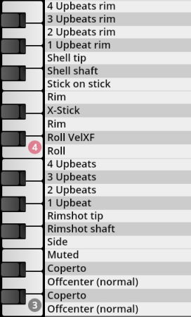 A partial virtual keyboard showing various percussion articulations like Upbeats Rim, Shell Tip, Stick on Stick, X-Stick, Roll, Rimshot, Muted, and Coperto, representing sounds available in Synchron Percussion.