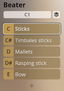Synchron Percussion III Beater instrument selection interface showing options like Sticks, Timbales sticks, Mallets, Rasping stick, and Bow.
