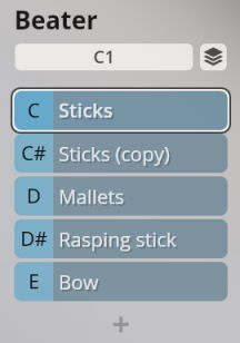 User interface with Beater title, showing C1 selected and a list of musical instrument beater options like Sticks, Mallets, Rasping stick, and Bow, for Synchron Percussion.