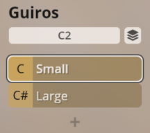 Vienna Instruments Synchron Percussion III user interface displaying Guiros instrument settings with C2 selected, offering C Small and C# Large articulation options.
