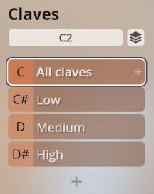 Digital interface showing Claves instrument selection with options for C All claves, C# Low, D Medium, and D# High, part of the Vienna Symphonic Library Synchron Percussion III.