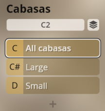 Digital interface showing Cabasas instrument selection, including options for All cabasas, Large, and Small within the Vienna Symphonic Library.