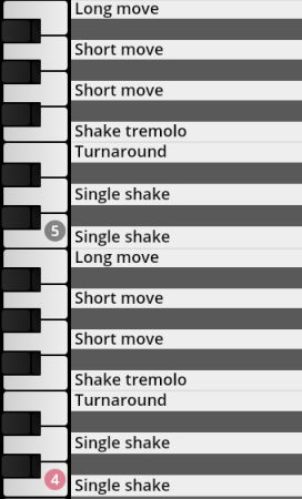 Keyboard layout showing mapping of percussion articulations like long move, short move, shake tremolo, turnaround, and single shake to piano keys 5 and 4.