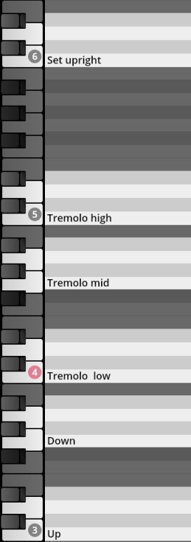 A grayscale image showing a virtual keyboard with keys labeled for various percussion articulations: Set upright, Tremolo high, Tremolo mid, Tremolo low, Down, and Up, for the Synchron Percussion III software.