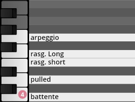 Virtual instrument keyboard with arpeggio, rasg. long, rasg. short, pulled, and battente music articulation labels, demonstrating Studio Plucked Instruments.