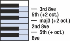 Musical notation showing a keyboard layout with labeled octaves and intervals for plucked instruments.