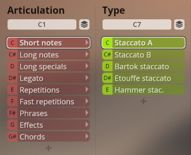 User interface showing articulation and type selection options for plucked instruments, including short notes, long notes, legato, staccato A, and Bartok staccato.