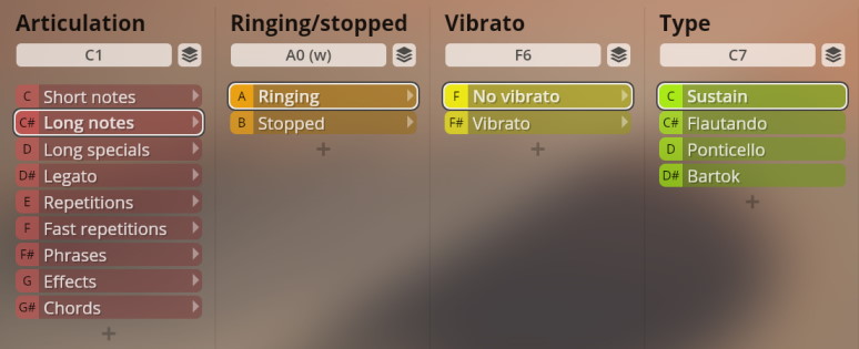 Concert Guitar Studio instrument options, including articulation, ringing/stopped, vibrato, and type settings for sound control.