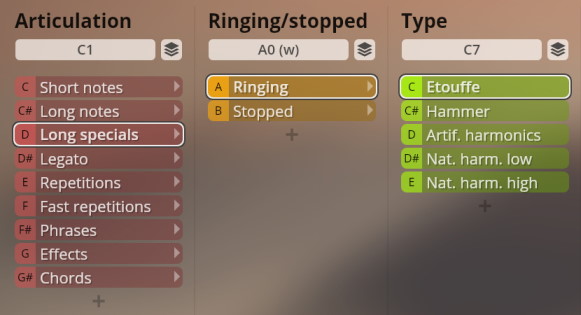 Studio Concert Guitar interface showing selectable articulations, ringing/stopped options, and types like Etouffe, Hammer, and Harmonics for sound customization.