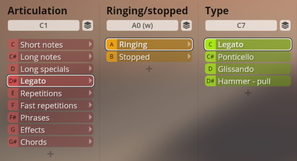 Studio Concert Guitar articulation settings: Legato, Ringing, Ponticello, Glissando, and Hammer-Pull options displayed for sound control.
