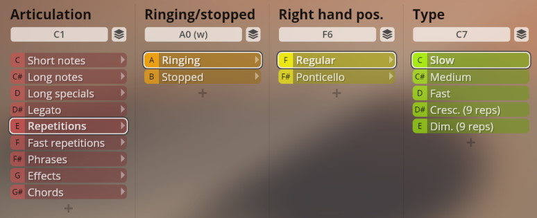 A detailed view of the Studio Concert Guitar user interface displaying articulation, ringing/stopped, right hand position, and type parameters for selecting instrument sounds.