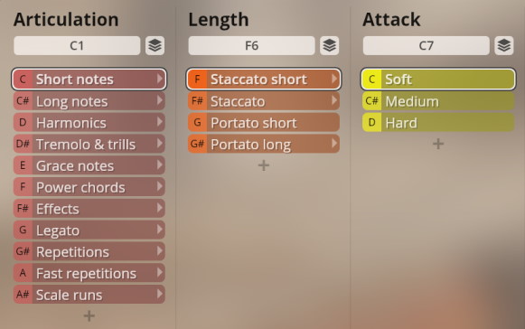 Virtual instrument software interface showing Articulation, Length, and Attack parameters for plucked instruments.
