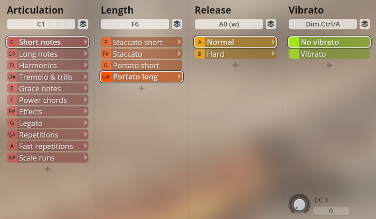 User interface for Studio Plucked Instruments, displaying articulation, length, release, and vibrato settings.