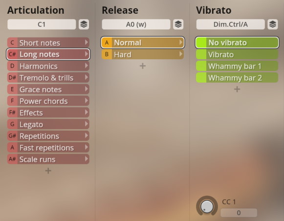 Software interface displaying settings for Studio Plucked Instruments: Articulation (Long notes selected), Release (Normal selected), and Vibrato (No vibrato selected).