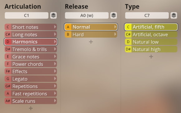 User interface showing articulations, release types, and instrument types with Harmonics, Normal, and Artificial, fifth selected for Studio Overdrive SYNCHRON-ized Plucked Instruments.