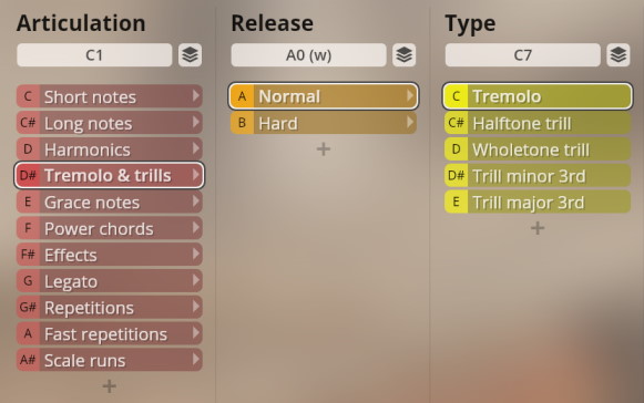User interface for Studio Overdrive software showing Articulation, Release, and Type controls for plucked instruments. Articulation is set to Tremolo & trills, Release to Normal, and Type to Tremolo.