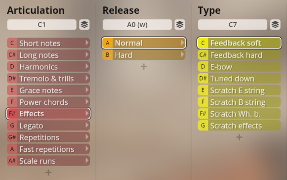 User interface showing Studio Overdrive sound library parameters for articulation, release, and type, specifically Effects highlighted under Articulation, Normal under Release, and Feedback soft under Type, for enriching plucked instruments.