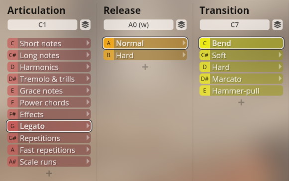Software interface displaying editable parameters for musical instrument sound design, including Articulation (Short notes, Long notes, Legato), Release (Normal, Hard), and Transition (Bend, Soft, Marcato, Hammer-pull) settings, relevant for studio sound production and plucked instruments.