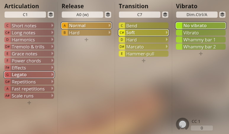 Studio Overdrive interface showing articulation, release, transition, and vibrato options for plucked instruments, with Legato selected.