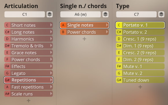 Screenshot of the Studio Overdrive plugin interface showing selectable options for Articulation, Single notes/chords, and Type. The Repetitions option is highlighted under Articulation, Single Notes under Single n./chords, and Portato v. 1 under Type.