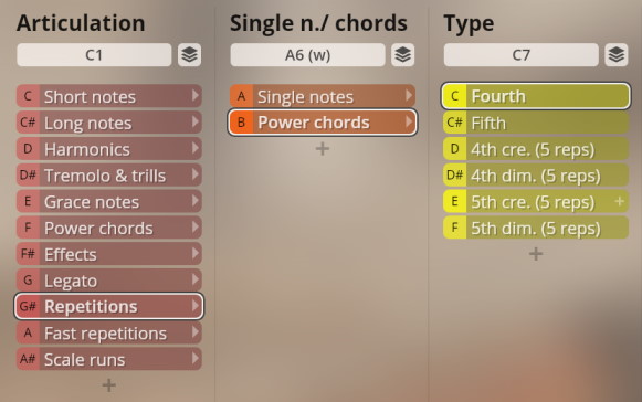 User interface for Studio Overdrive SYNCHRON-ized Plucked Instruments showing options for Articulation, Single Notes/Chords, and Type, with Repetitions, Power chords, and Fourth highlighted.