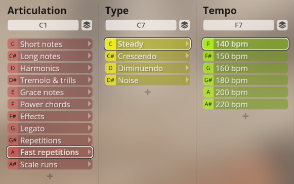 User interface for musical instrument articulation, type, and tempo settings, showing options for plucked instruments like short notes, harmonics, steady, crescendo, and various BPMs.
