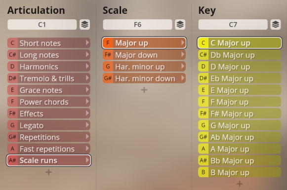 Graphical user interface for music software, displaying options for Studio Plucked Instruments articulation types like short notes, harmonics, tremolos, grace notes, power chords, effects, legato, repetitions, and scale runs, alongside musical scales such as major and harmonic minor, and keys including C, Db, D, Eb, E, F, F#, G, Ab, A, Bb, and B Major.