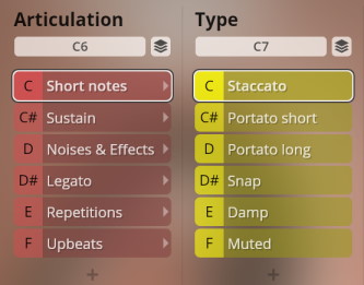 Software interface displaying articulation and type options for Studio Upright Bass, including short notes, sustain, staccato, and muted.