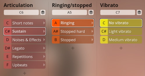 User interface displaying options for articulation, ringing/stopped, and vibrato for the Studio Upright Bass instrument, with Sustain, Ringing, and No vibrato selected.