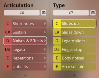 User interface showing musical instrument articulations and types, including short notes, sustains, slides, noises, and effects for plucked instruments.