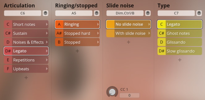 Studio Upright Bass user interface showing Articulation, Ringing/stopped, Slide noise, and Type parameters, with Legato selected in both Articulation and Type sections.