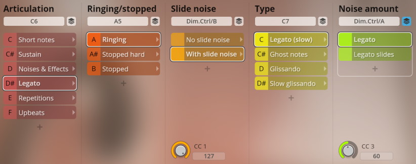 Studio Plucked Instruments interface with articulation, ringing, slide noise, type, and noise amount controls, specifically showing options for legato, ringing, and with slide noise.
