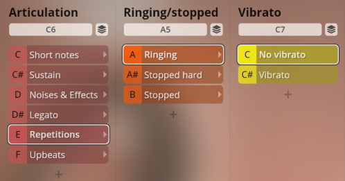 User interface for Studio Upright Bass featuring customizable articulation, ringing/stopped, and vibrato settings for plucked instruments.