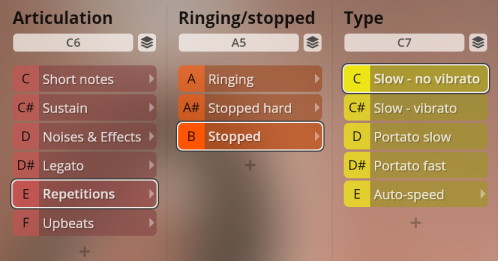 Studio Upright Bass articulation, ringing/stopped, and type options for SYNCHRON-ized Plucked Instruments sound library.