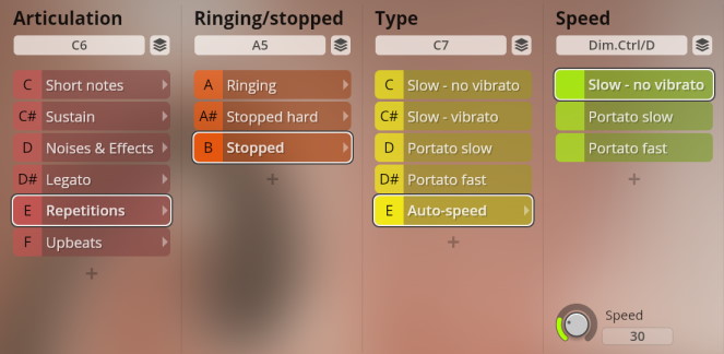 Software interface for Studio Upright Bass instrument, showing articulation, ringing/stopped, type, and speed controls for sound customization.