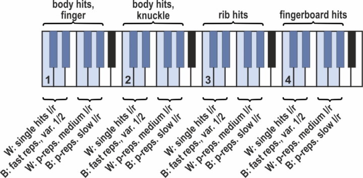 MIDI keyboard layout showing mappings for upright bass body, knuckle, rib, and fingerboard hits, with white and black keys indicating single hits, fast repetitions, and programmed repetitions at medium and slow speeds.