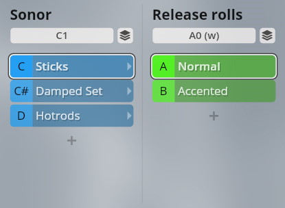 SYNCHRON Power Drums virtual instrument interface showing Sonor drum settings like Sticks, Damped Set, Hotrods, and Release rolls with Normal and Accented options.